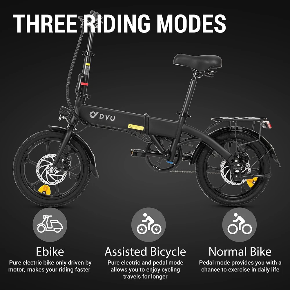 DYU A1F Pro Folding Electric Bike, 250W Motor, 36V 7.5Ah Battery, 16*1.75-inch Tire, 25km/h Max Speed, 40km Max Range, Front & Rear Disc Brakes, LCD Display