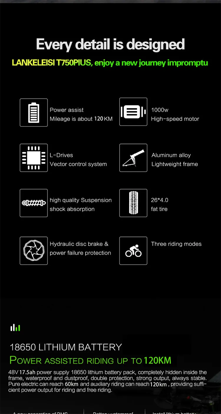 LANKELEISI XT750PLUS 1000W electric bicycle 48v 17.5ah 26 inch folding fat tire electric bike 27 speed mountain bike