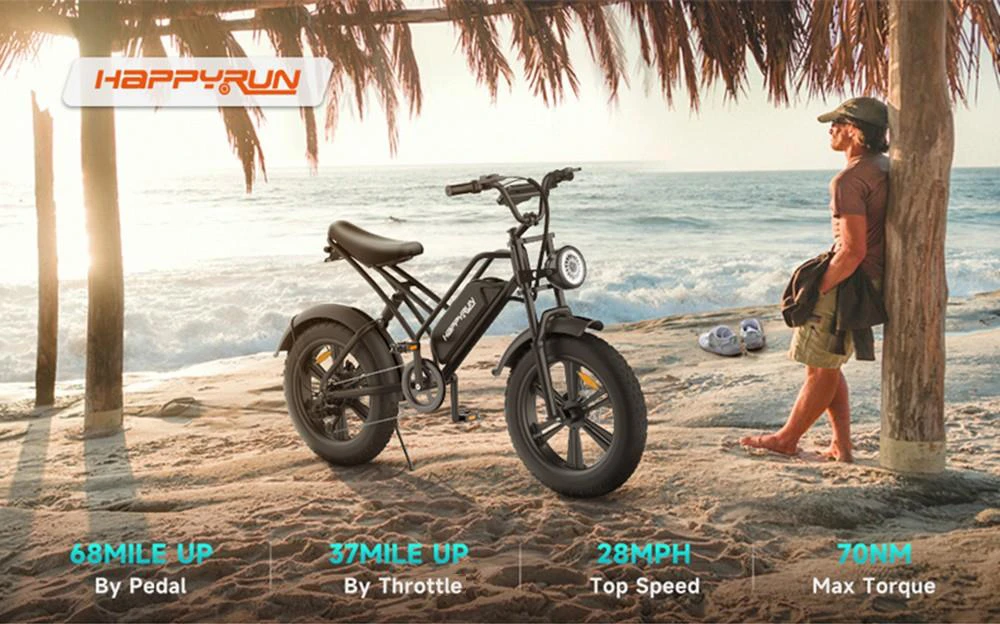 HAPPYRUN HR-G50 Electric Bike 20*4.0 Inch Fat Tires 48V 18Ah Battery 750W Motor 45Km/h Max Speed Retro Ebike Max Load 150kg Shimano 7-Speed Gear